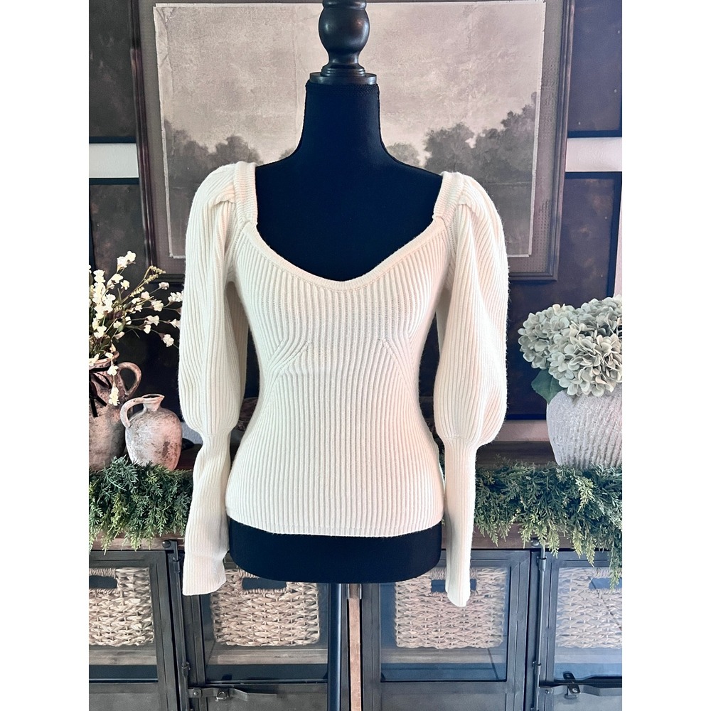 ASTR the Label Ribbed Sweetheart Neckline Puff Sleeve Sweater Cream Small